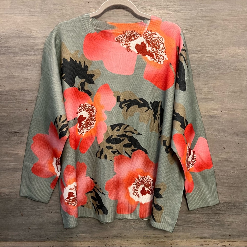 SHEIN Curve Sage Green Large Abstract Hibiscus Flower Crew Neck Sweater 3XL NWOT